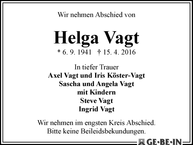 Traueranzeige von Helga Vagt von WESER-KURIER