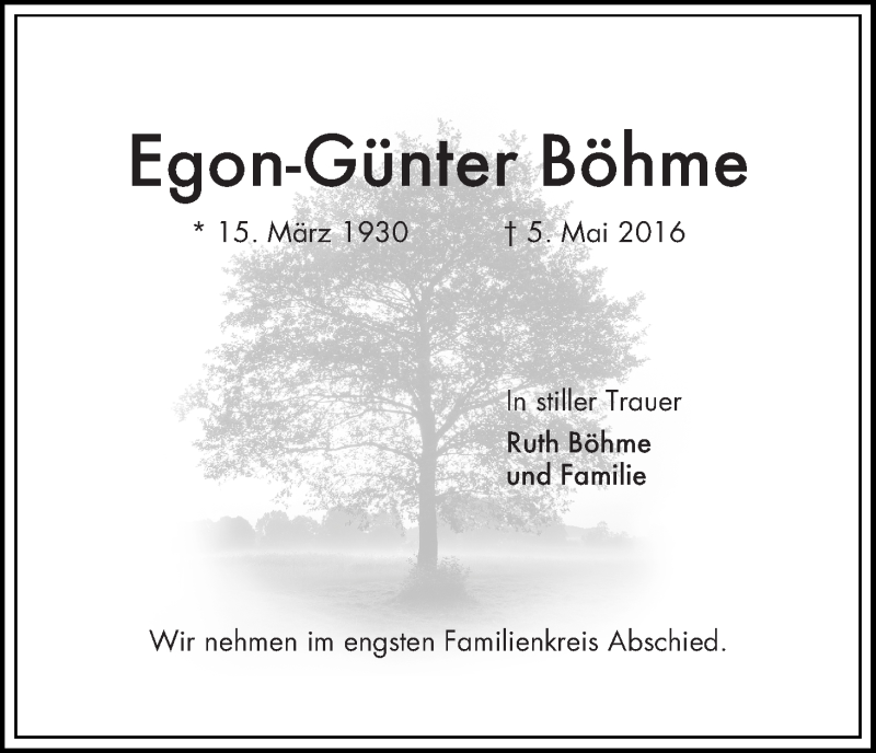 Traueranzeige von Egon-Günter Böhme von Die Norddeutsche
