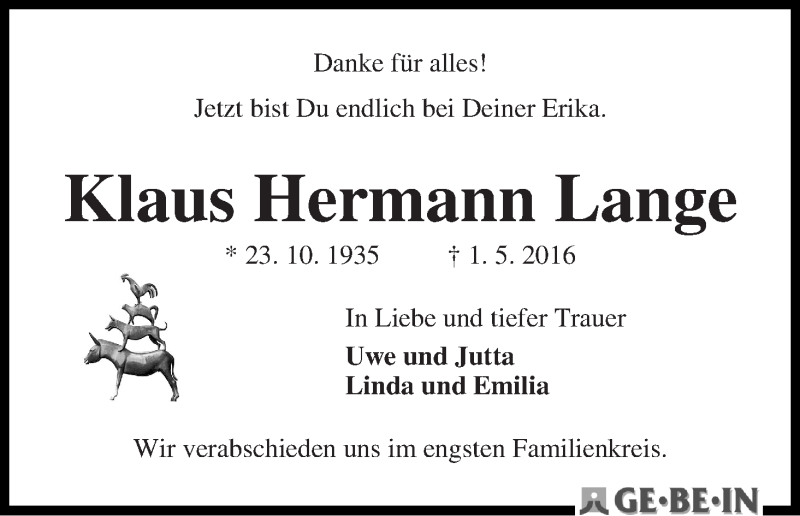 Traueranzeige von Klaus Hermann Lange von WESER-KURIER