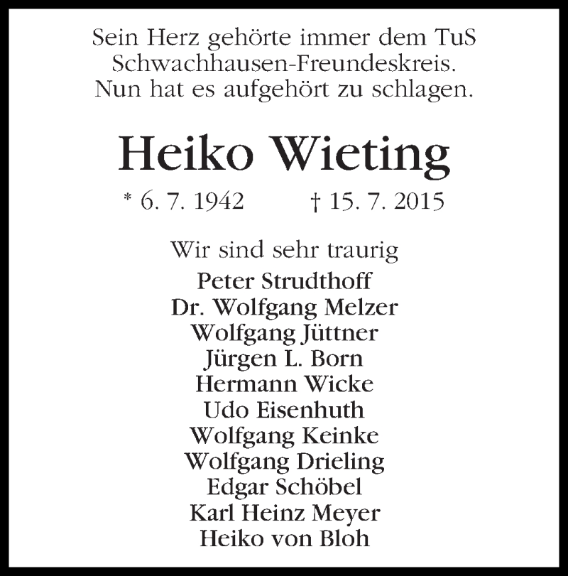  Traueranzeige für Heiko Wieting vom 18.07.2015 aus WESER-KURIER