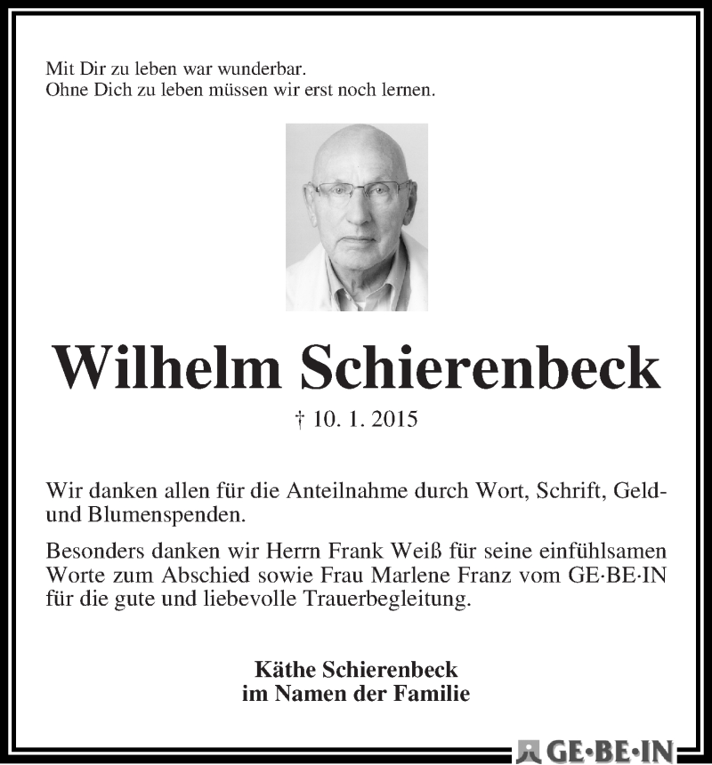Traueranzeige von Wilhelm Schierenbeck von WESER-KURIER