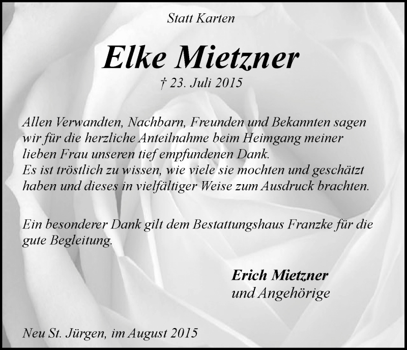 Traueranzeige von Elke Mietzner von Wuemme Zeitung