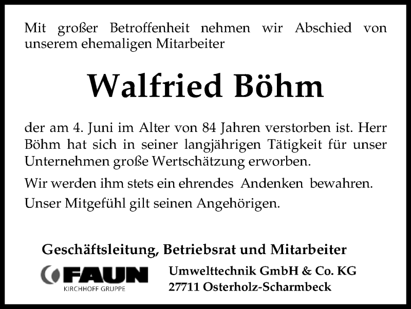 Traueranzeige von Walfried Böhm von Osterholzer Kreisblatt