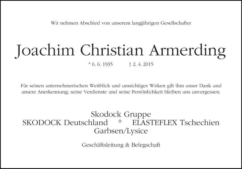  Traueranzeige für Joachim Christian Armerding vom 09.04.2015 aus WESER-KURIER