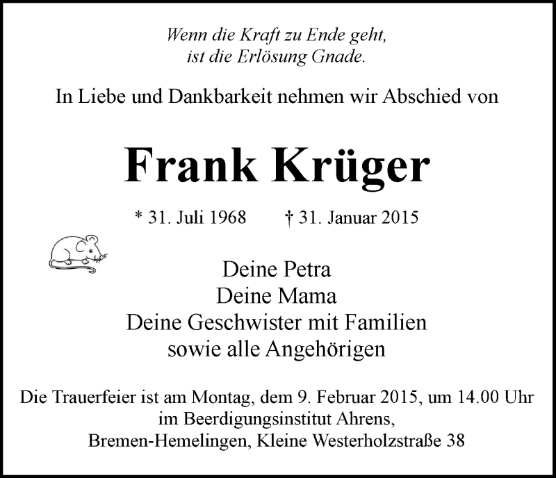 Traueranzeige von Frank Krüger von WESER-KURIER