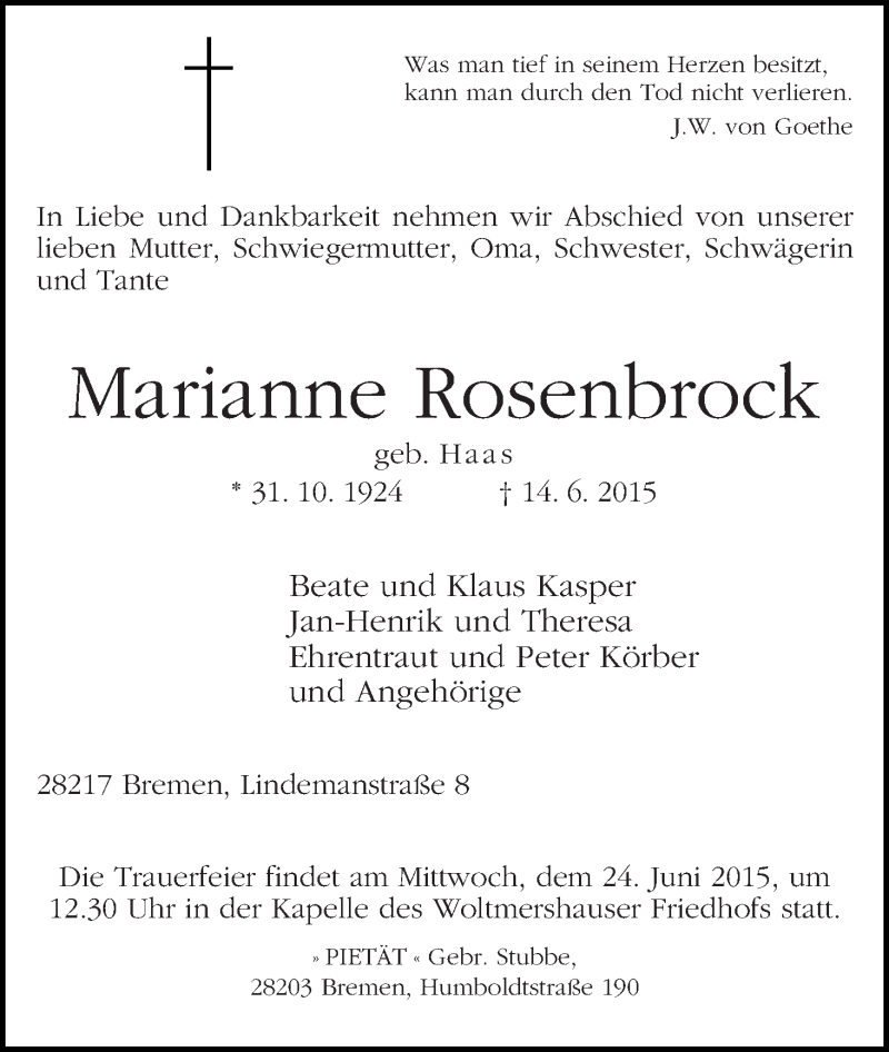 Traueranzeige von Marianne Rosenbrock von WESER-KURIER