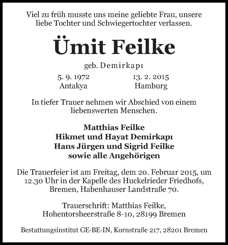  Traueranzeige für Ümit Feilke vom 18.02.2015 aus WESER-KURIER