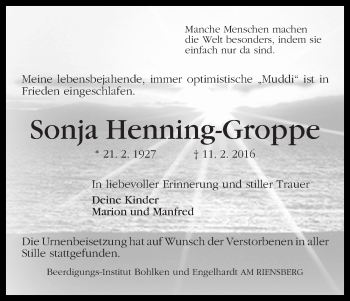 Traueranzeige von Sonja Henning-Groppe