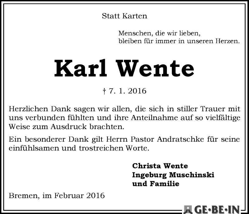 Traueranzeige von Karl Wente von WESER-KURIER