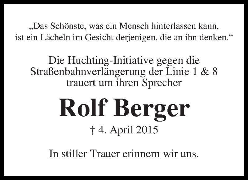  Traueranzeige für Rolf Berger vom 11.04.2015 aus WESER-KURIER