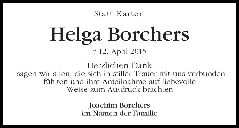 Traueranzeige von Helga Borchers von WESER-KURIER