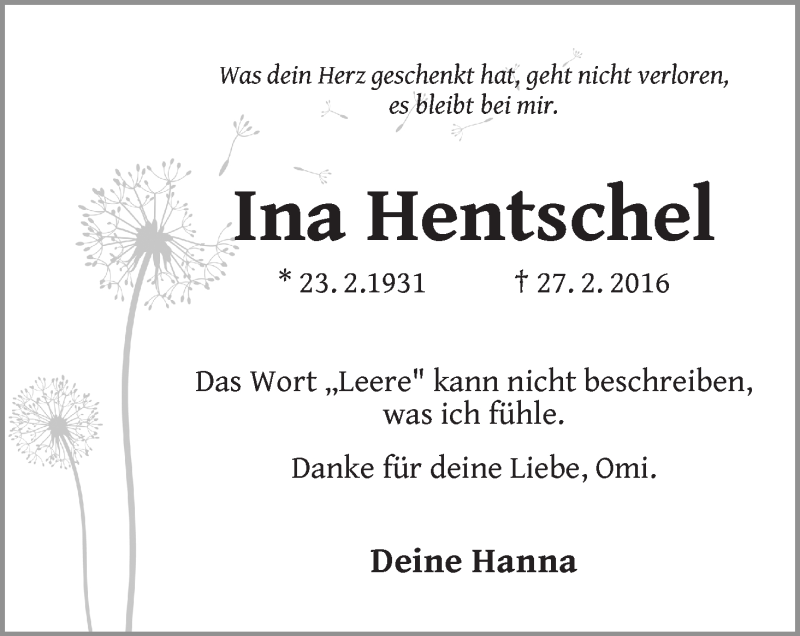 Traueranzeige von Ina Hentschel von Wuemme Zeitung