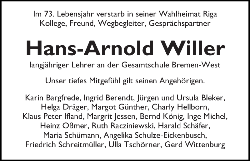  Traueranzeige für Hans-Arnold Willer vom 13.02.2016 aus WESER-KURIER