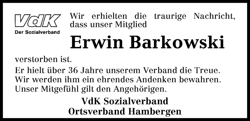 Traueranzeige von Erwin Barkowski von Osterholzer Kreisblatt