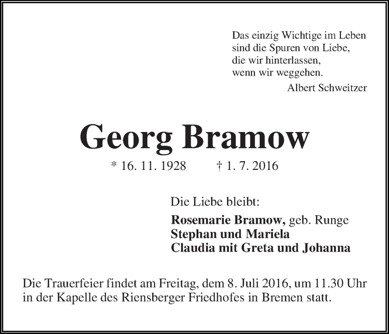 Traueranzeige von Georg Bramow von WESER-KURIER