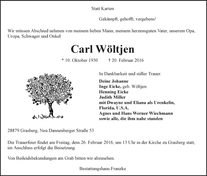 Traueranzeige von Carl Wöltjen von Wuemme Zeitung