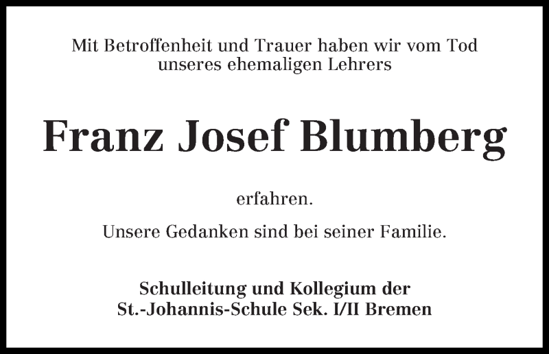 Traueranzeige von Franz Josef Blumberg von WESER-KURIER