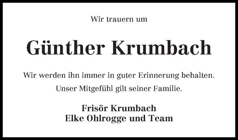 Traueranzeige von Günther Krumbach von Wuemme Zeitung