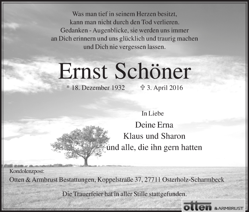 Traueranzeige von Ernst Schöner von Osterholzer Kreisblatt