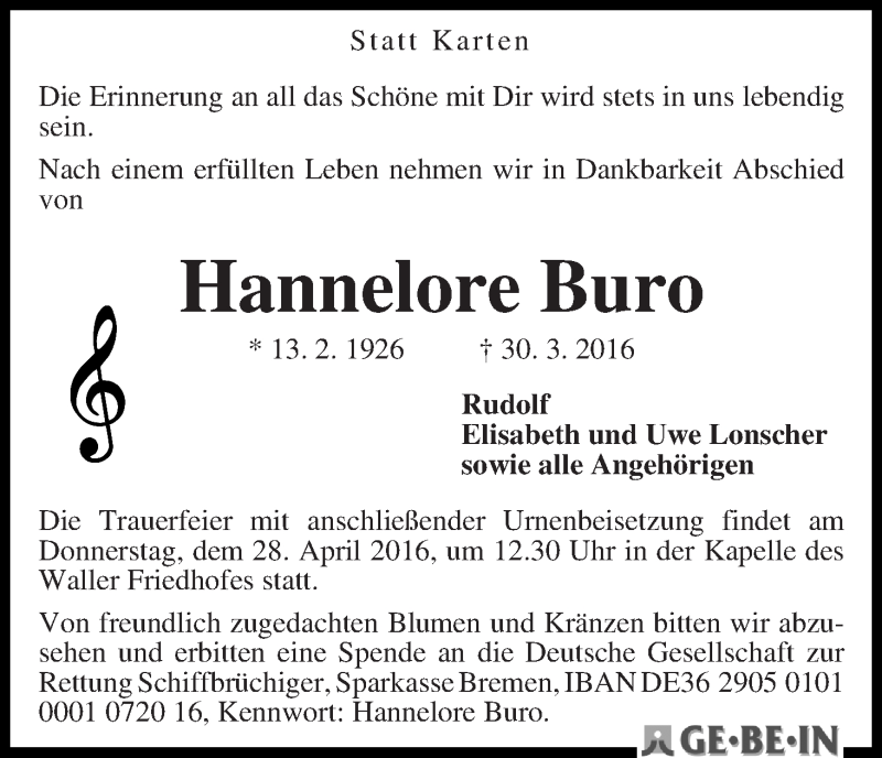Traueranzeige von Hannelore Buro von WESER-KURIER