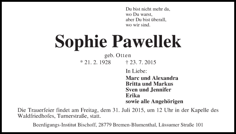 Traueranzeige von Sophie Pawellek von Die Norddeutsche