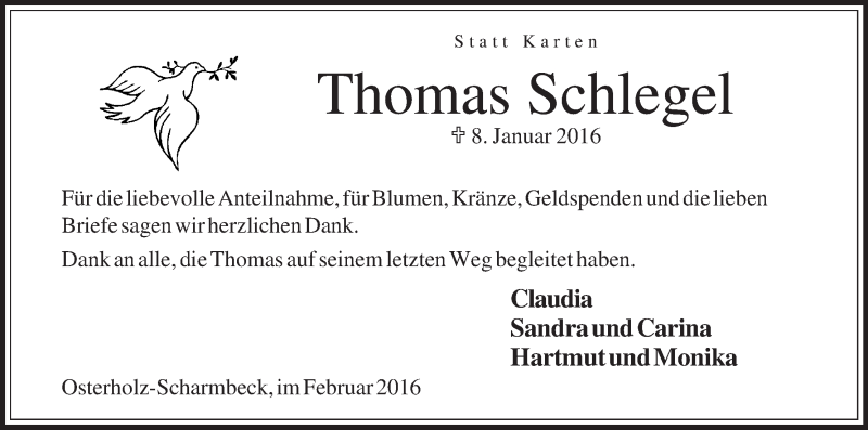  Traueranzeige für Thomas Schlegel vom 06.02.2016 aus Osterholzer Kreisblatt