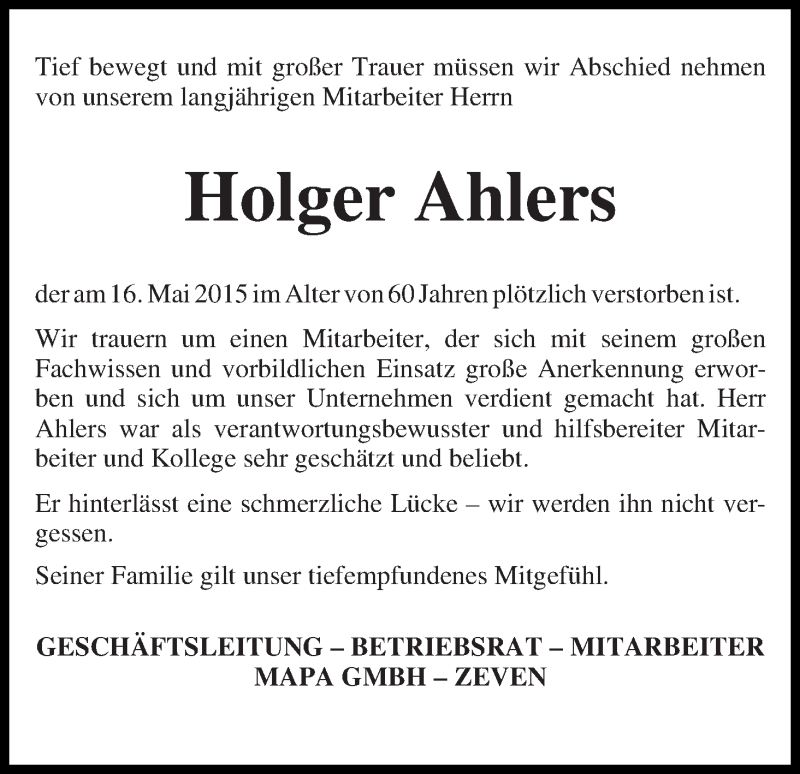 Traueranzeige von Holger Ahlers von WESER-KURIER