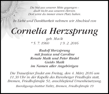 Traueranzeige von Cornelia Herzsprung