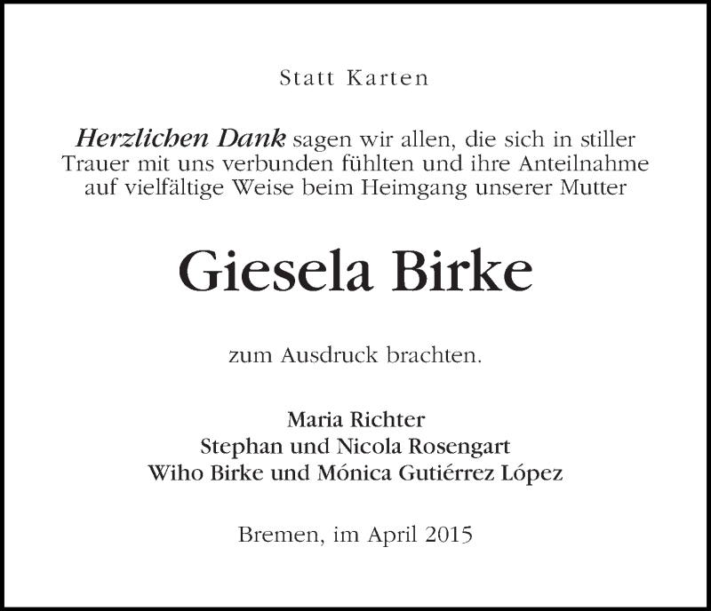 Traueranzeige von Giesela Birke von WESER-KURIER