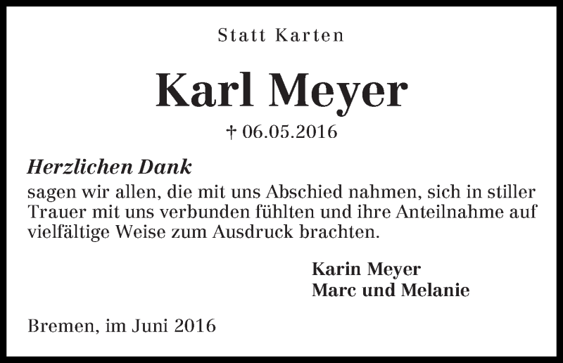 Traueranzeige von Karl Meyer von WESER-KURIER