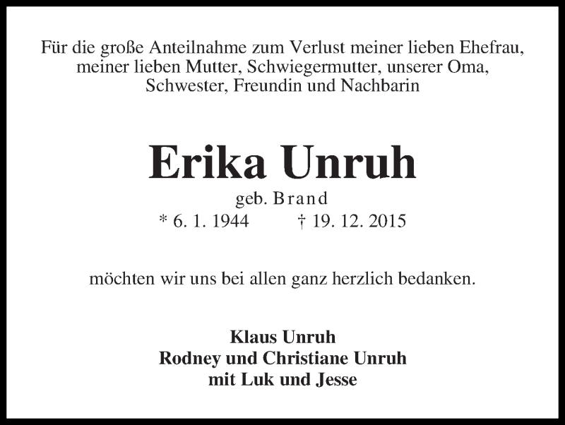 Traueranzeige von Erika Unruh von Osterholzer Kreisblatt