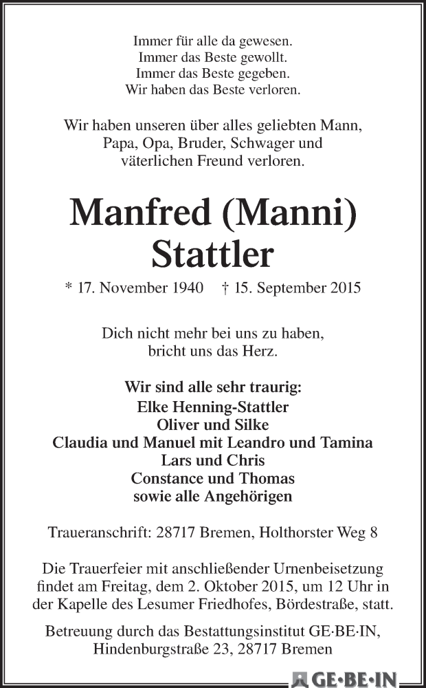 Traueranzeige von Manfred (Manni) Stattler von Die Norddeutsche
