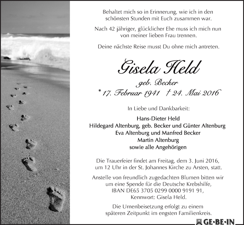 Traueranzeige von Gisela Held von WESER-KURIER