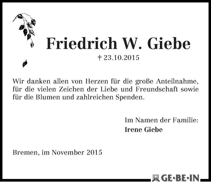 Traueranzeige von Friedrich W. Giebe von WESER-KURIER