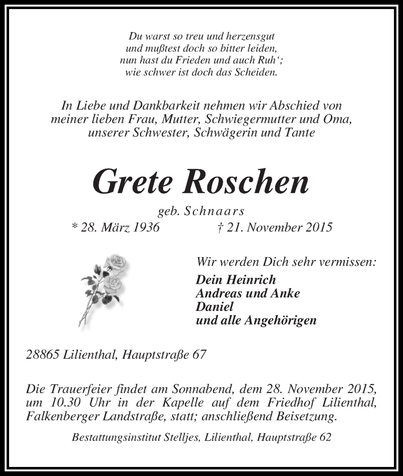 Traueranzeige von Grete Roschen von Wuemme Zeitung