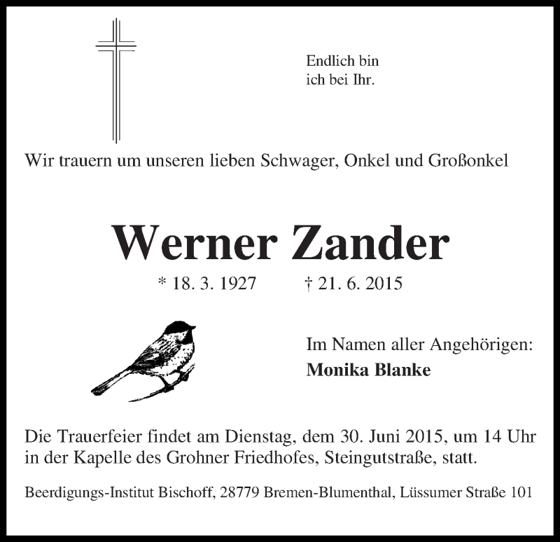 Traueranzeige von Werner Zander von Die Norddeutsche