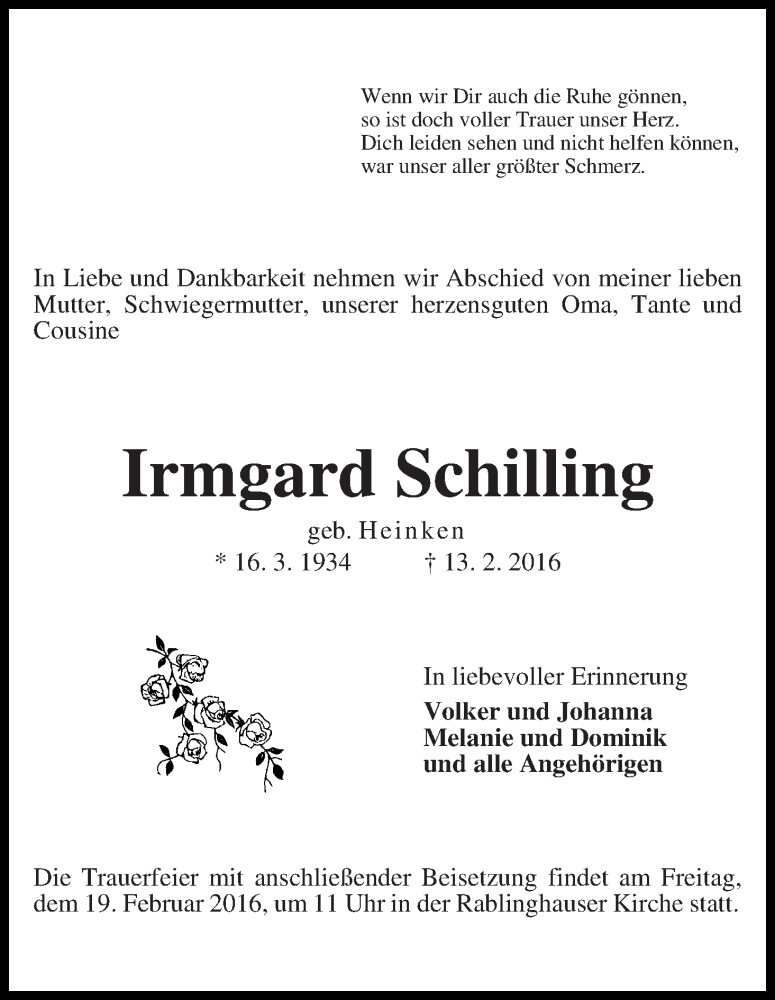 Traueranzeige von Irmgard Schilling von WESER-KURIER
