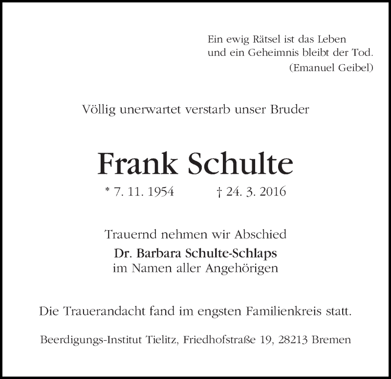Traueranzeige von Frank Schulte von WESER-KURIER