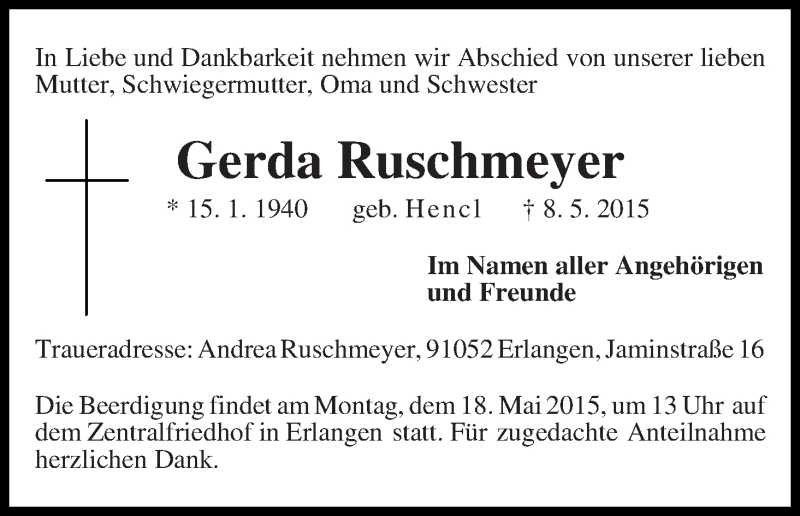 Traueranzeige von Gerda Ruschmeyer von Achimer Kurier/Verdener Nachrichten