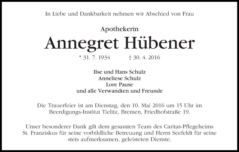 Traueranzeige von Annegret Hübener von WESER-KURIER