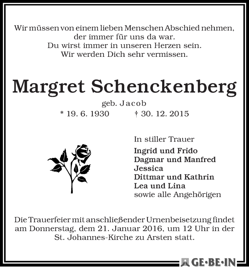 Traueranzeige von Margret Schenckenberg von WESER-KURIER