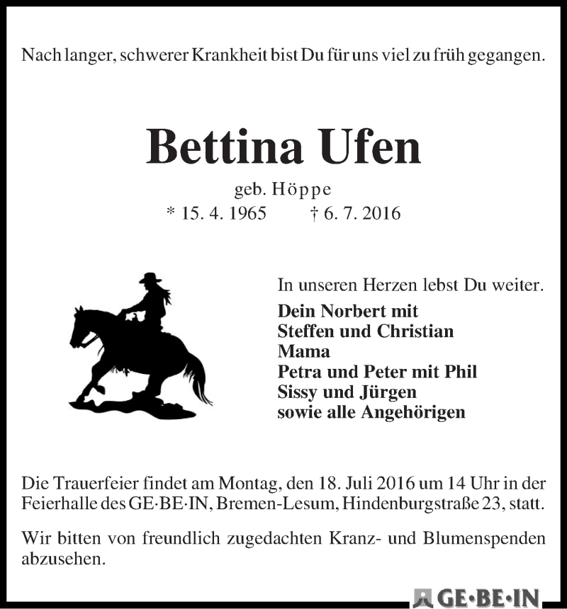 Traueranzeige von Bettina Ufen von WESER-KURIER