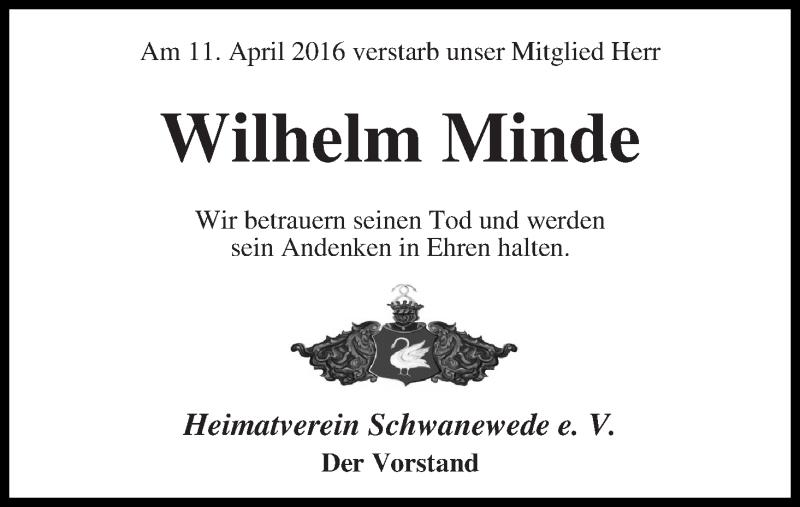Traueranzeige von Wilhelm Minde von Die Norddeutsche