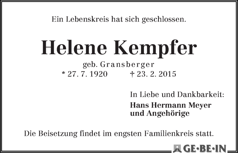 Traueranzeige von Helene Kempfer von WESER-KURIER