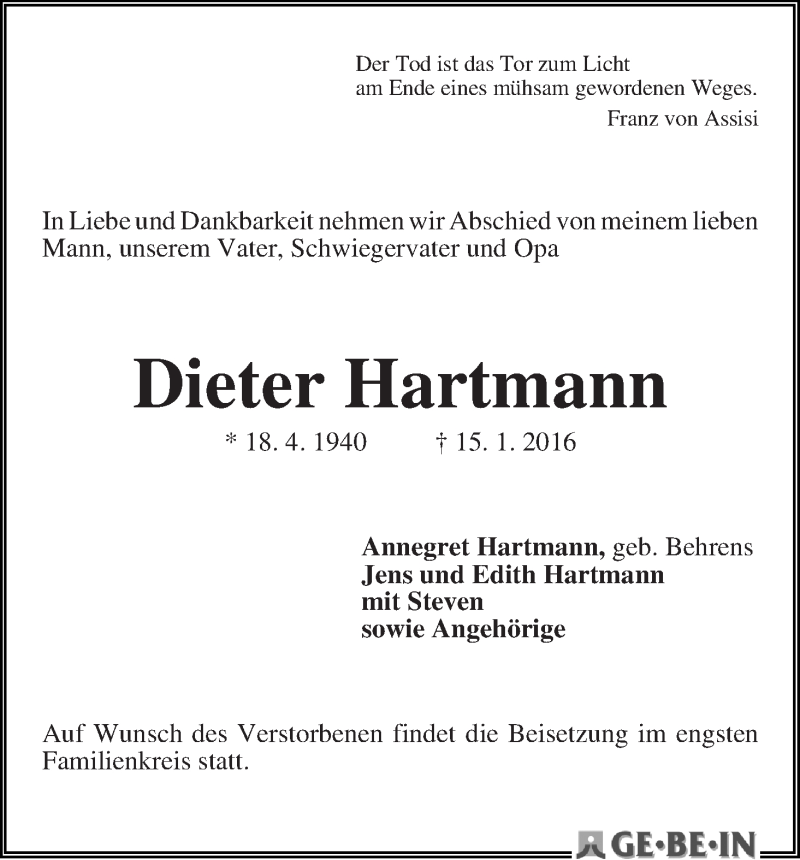 Traueranzeige von Dieter Hartmann von WESER-KURIER