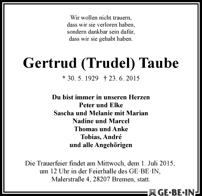 Traueranzeige von Gertrud (Trudel) Taube von WESER-KURIER