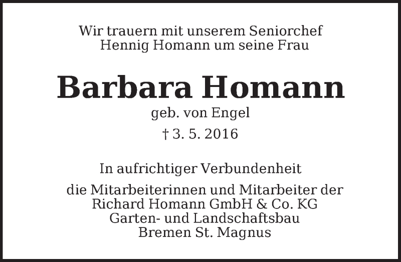 Traueranzeige von Barbara Homann von WESER-KURIER