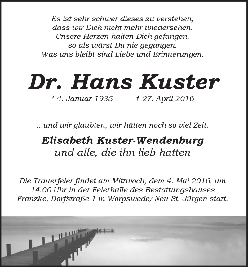Traueranzeige von Dr. Hans Kuster von Wuemme Zeitung