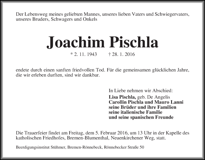  Traueranzeige für Joachim Pischla vom 02.02.2016 aus WESER-KURIER