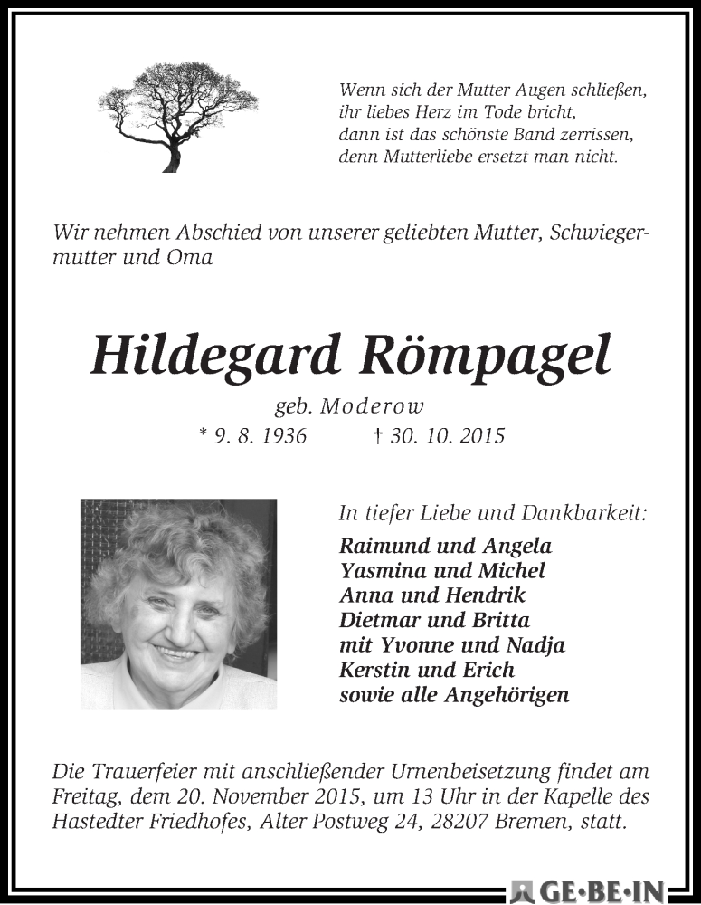Traueranzeige von Hildegard Römpagel von WESER-KURIER
